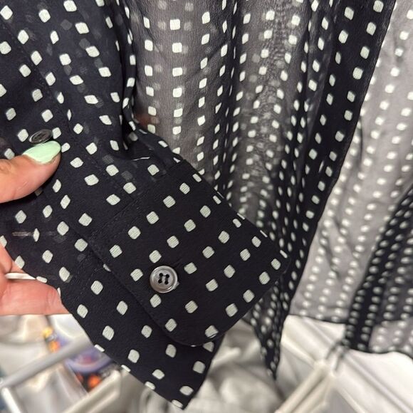 THEORY - Size Small Polka Dot Sheer Button Down - Black and White Sheer Blouse - Picture 5 of 6